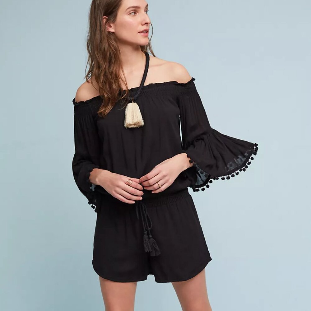 Anthropologie Lilka Pom-Trimmed Off-The-Shoulder Romper - Picture 1 of 10